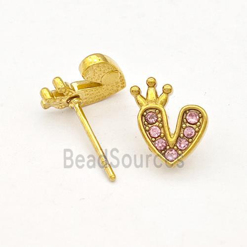 Stainless Steel Heart Stud Earrings Pave Pink Rhinestone Crown Gold Plated