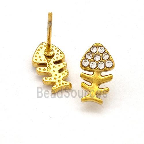 Stainless Steel Fishbone Stud Earrings Pave Rhinestone Gold Plated