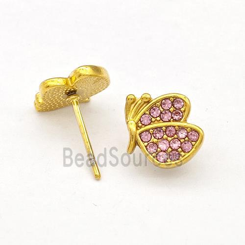 Stainless Steel Butterfly Stud Earrings Micro Pave Pink Rhinestone Gold Plated