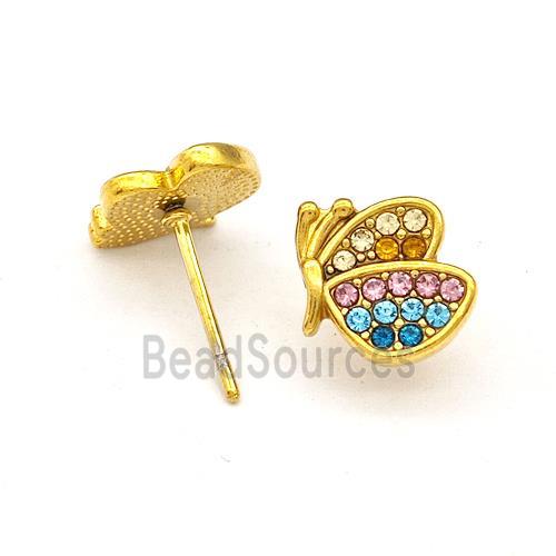 Stainless Steel Butterfly Stud Earrings Pave Rhinestone Gold Plated