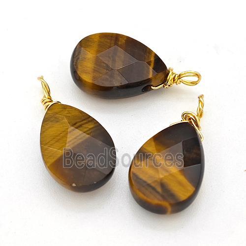 Natural Tiger Eye Stone Teardrop Pendant Faceted Wire Wrapped