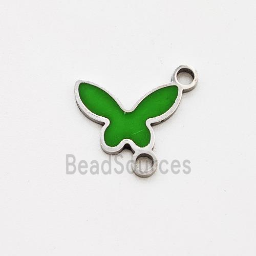 Raw Stainless Steel Butterfly Pendant Green Enamel