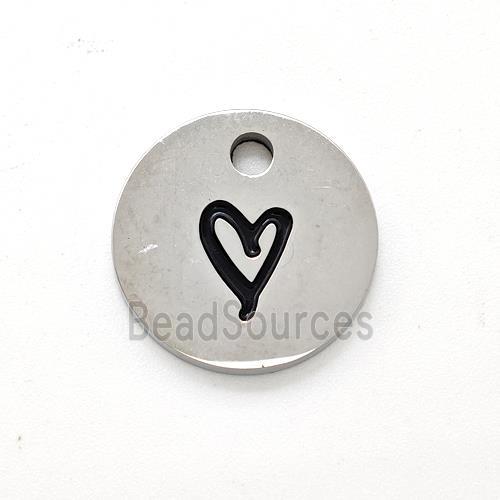 Raw Stainless Steel Circle Pendant Black Enamel Heart