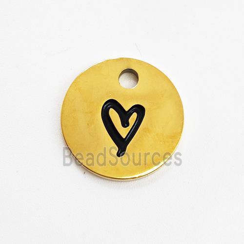 Stainless Steel Circle Pendant Black Enamel Heart Gold Plated