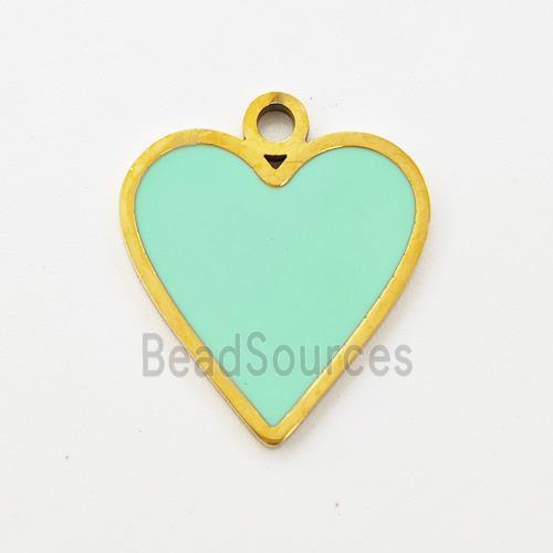 Stainless Steel Heart Pendant Apple Green Enamel Gold Plated