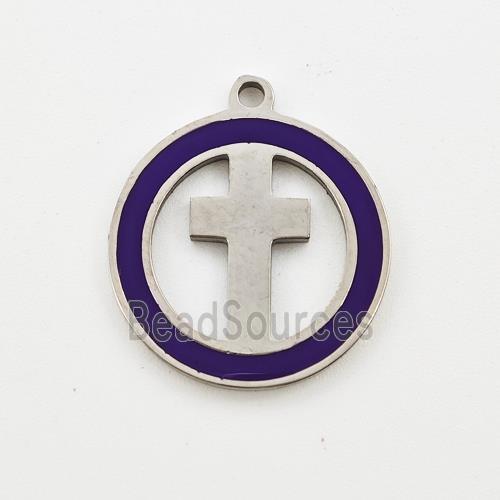 Raw Stainless Steel Cross Pendant Circle Purple Enamel