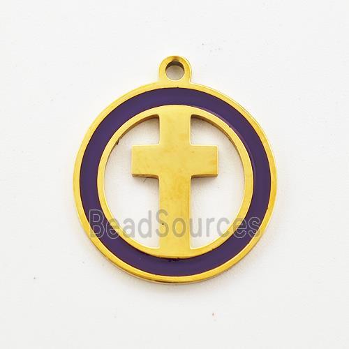 Stainless Steel Cross Pendant Circle Purple Enamel Gold Plated