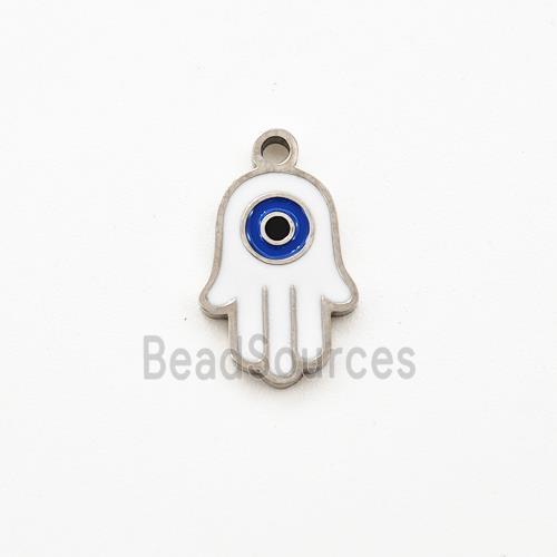 Raw Stainless Steel Hand Pendant White Enamel Evil Eye