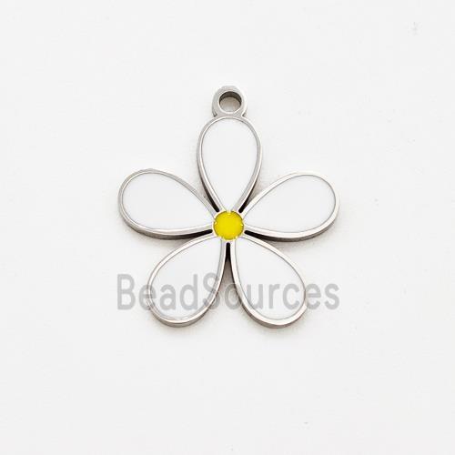 Raw Stainless Steel Flower Pendant White Enamel