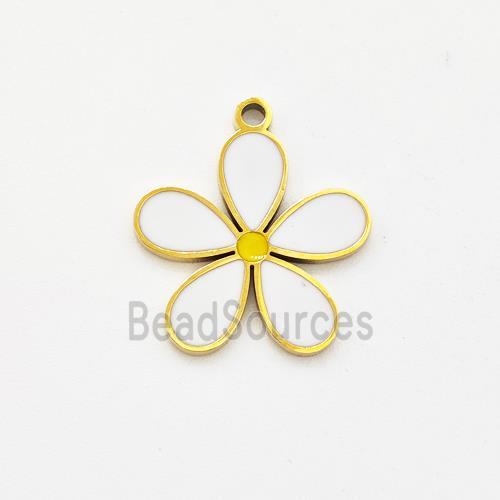 Stainless Steel Flower Pendant White Enamel Gold Plated