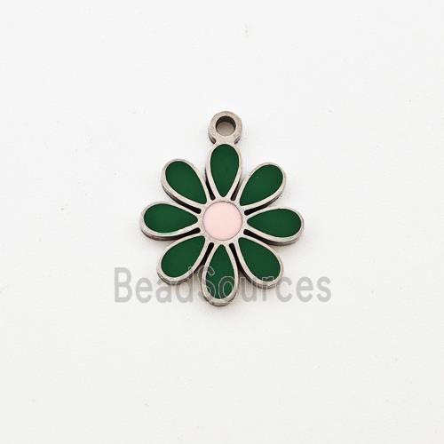 Raw Stainless Steel Flower Pendant Green Enamel