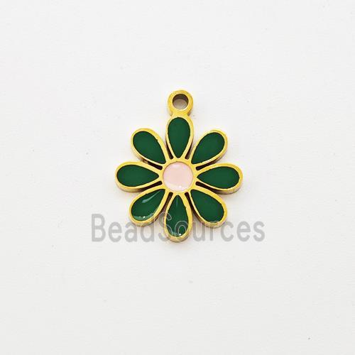 Stainless Steel Flower Pendant Green Enamel Gold Plated