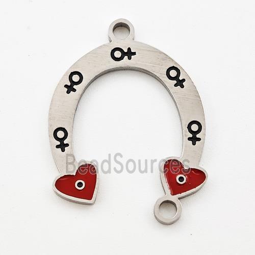 Raw Stainless Steel Horseshoe Pendant Heart Red Enamel