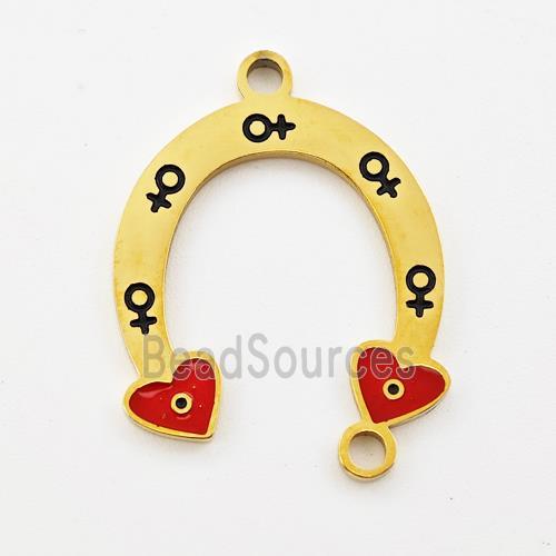 Stainless Steel Horseshoe Pendant Heart Red Enamel Gold Plated