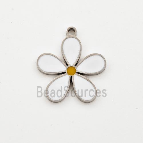 Raw Stainless Steel Flower Pendant White Enamel