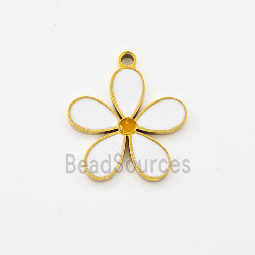 Stainless Steel Flower Pendant White Enamel Gold Plated