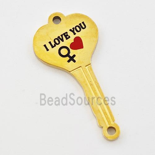 Stainless Steel Key Charms Connector Heart Red Enamel Gold Plated