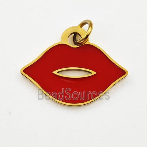 Stainless Steel Lips Pendant Red Enamel Gold Plated