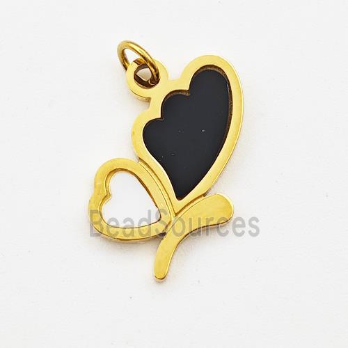 Stainless Steel Butterfly Pendant Black Enamel Gold Plated