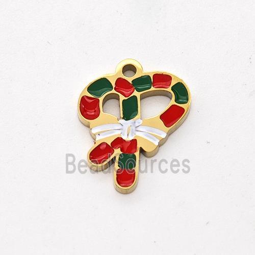 Christmas Candy Cane Charms Stainless Steel Pendant Enamel Gold Plated