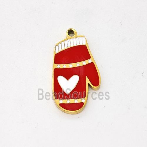 Christmas Mitten Charms Stainless Steel Pendant Red Enamel Gold Plated