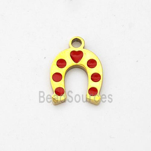 Stainless Steel Horse-Shoe Pendant Red Enamel Gold Plated