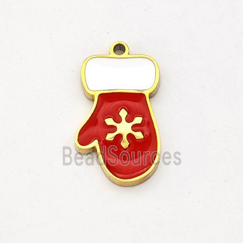 Christmas Mitten Charms Stainless Steel Pendant Red Enamel Gold Plated