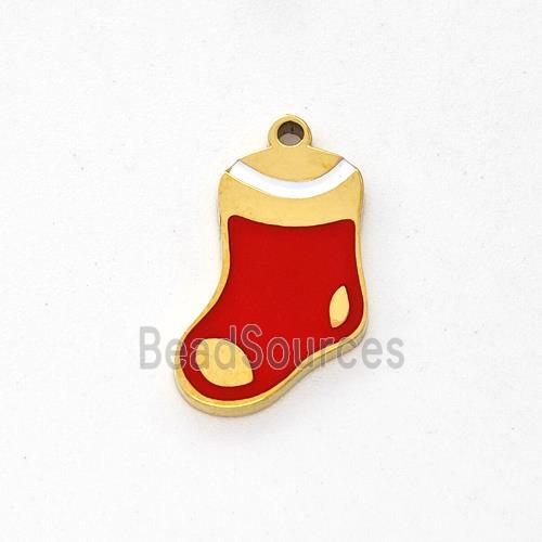 Christmas Stocking Charms Stainless Steel Pendant Red Enamel Gold Plated