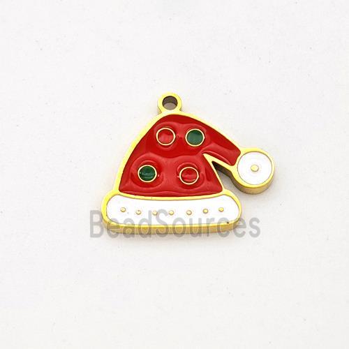 Christmas Hat Charms Stainless Steel Pendant Red Enamel Gold Plated