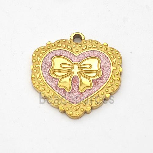 Stainless Steel Heart Pendant Bowknot Pink Painted Gold Plated