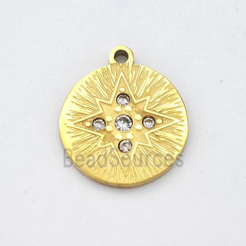 Stainless Steel Northstar Pendant Pave Rhinestone Circle Gold Plated