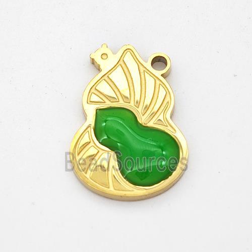 Stainless Steel Gourd Pendant Green Enamel Gold Plated