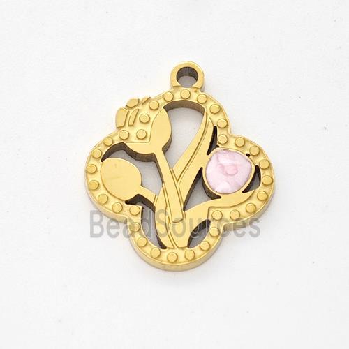 Stainless Steel Flower Pendant Pink Painted Gold Plated