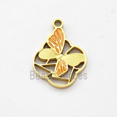 Stainless Steel Butterfly Pendant Orange Painted Gold Plated