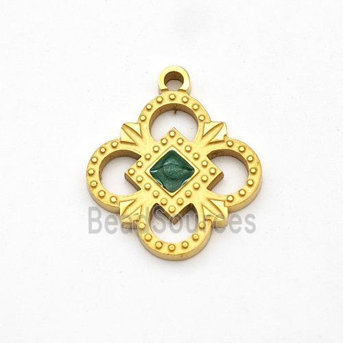 Stainless Steel Flower Pendant Pave Green Jade Gold Plated