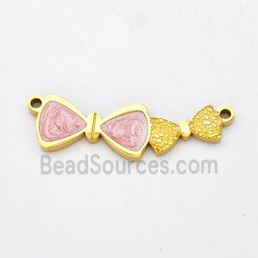 Stainless Steel Bowknot Pendant Pink Painted 2loops Gold Plated