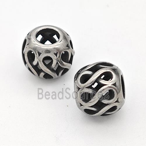 Stainless Steel Round Beads Hollow Large Hole Antique Silver