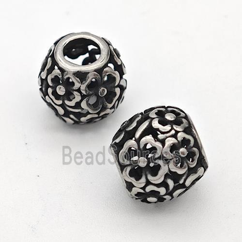 Stainless Steel Round Beads Hollow Large Hole Antique Silver Flower