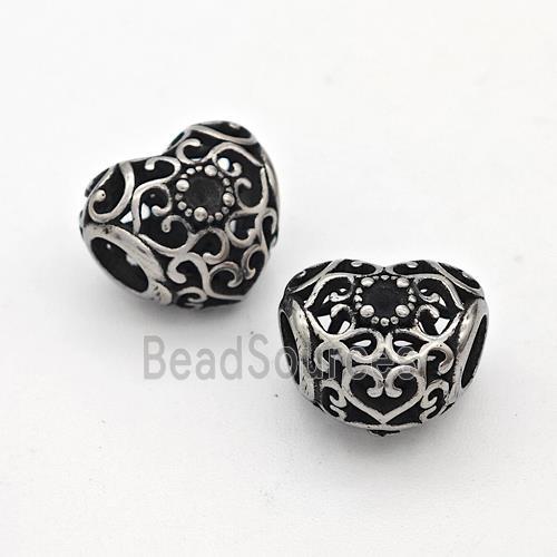 Stainless Steel Heart Beads Hollow Large Hole Antique Silver