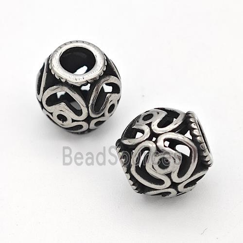 Stainless Steel Round Beads Hollow Large Hole Antique Silver