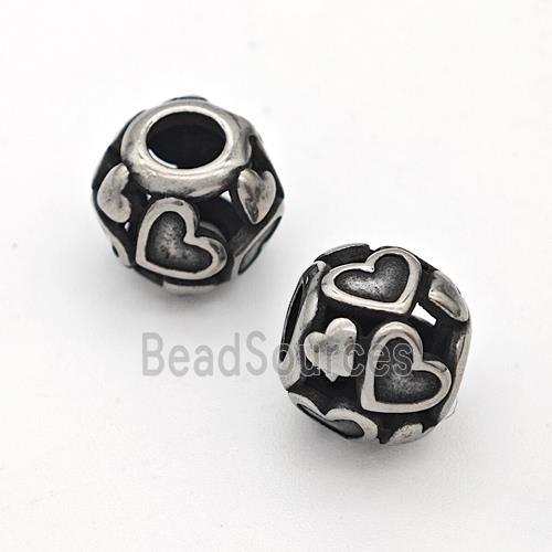 Stainless Steel Round Beads Hollow Large Hole Antique Silver Heart