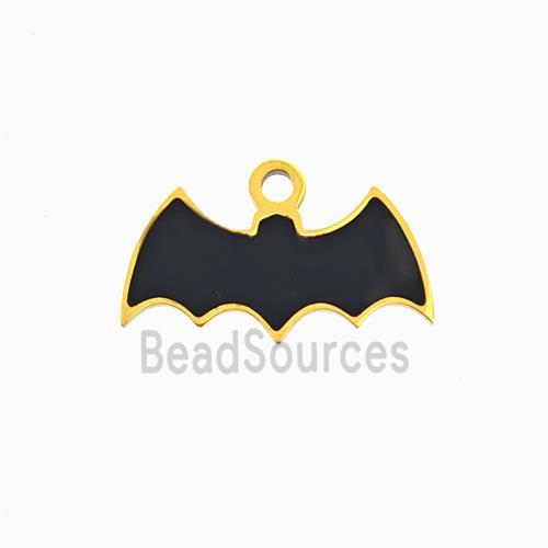 Halloween Bat Charms 304 Stainless Pendant Black Enamel Gold Plated