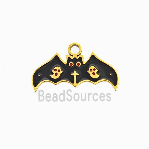 Halloween Bat Charms 304 Stainless Pendant Black Enamel Ghost Gold Plated