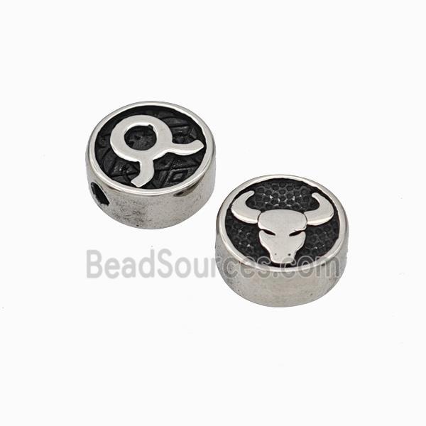 Stainless Steel Coin Beads Zodiac Taurus Antique Silver