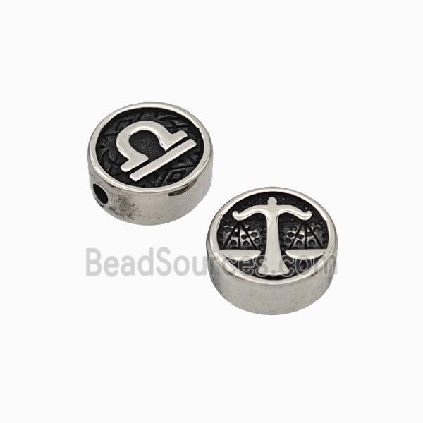 Stainless Steel Coin Beads Zodiac Libra Antique Silver