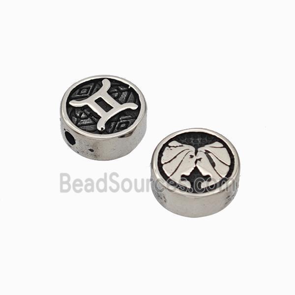 Stainless Steel Coin Beads Zodiac Gemini Antique Silver