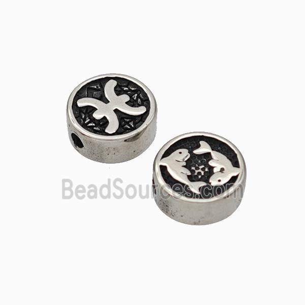 Stainless Steel Coin Beads Zodiac Pisces Antique Silver