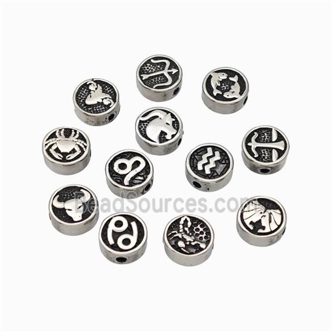 Stainless Steel Coin Beads Zodiac Antique Silver Mixed