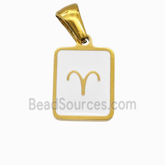 Stainless Steel Symbol Pendant Zodiac Aries White Enamel Rectangle Gold Plated