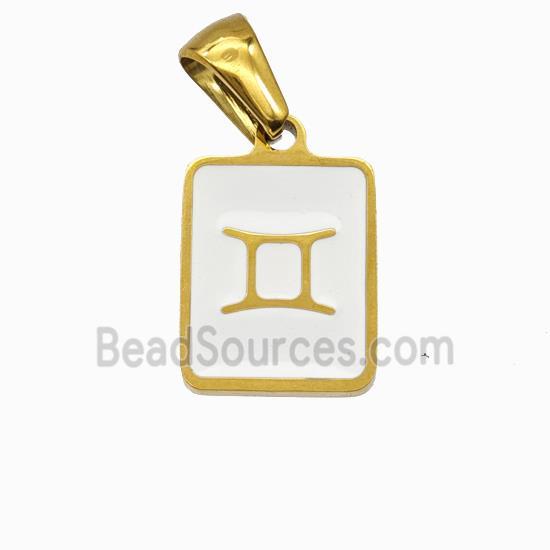 Stainless Steel Symbol Pendant Zodiac Gemini White Enamel Rectangle Gold Plated